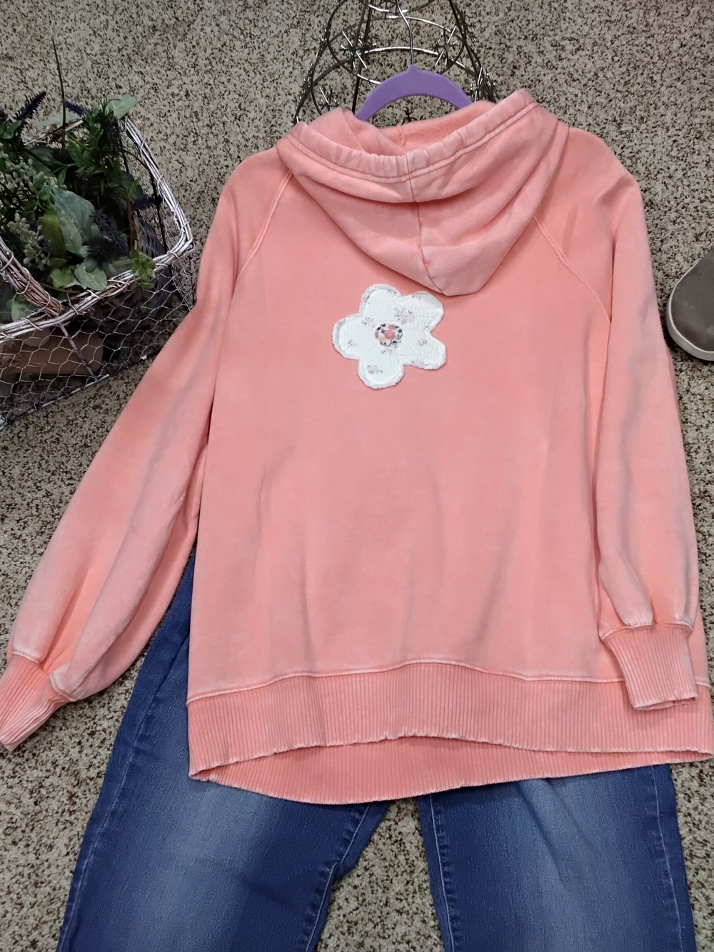 3971 Size Large Zenana Outfitters Peach Pullover Hoodie with White Appliqués - Picture 4 of 5